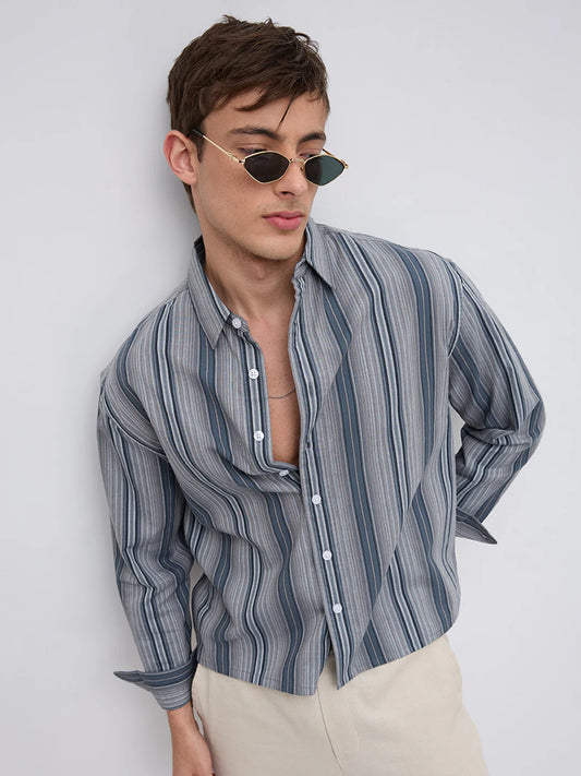 Drezola Grey Blue Multi-Stripe Shirt for Men | Best Casual Shirt for Men