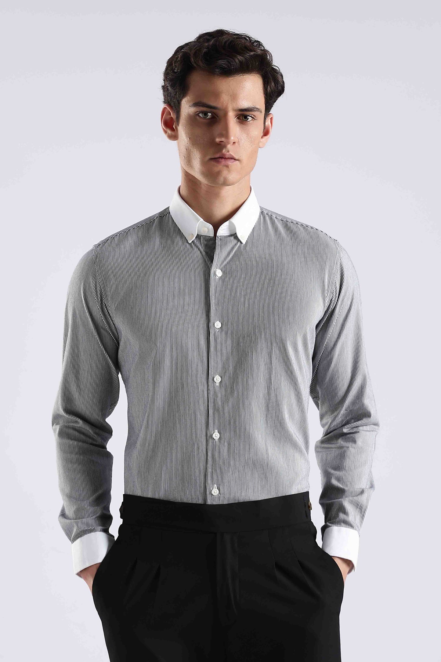 Drezola Grey Pinstripe White Contrast Collar Shirt for Men | Best Casual Shirt for Men