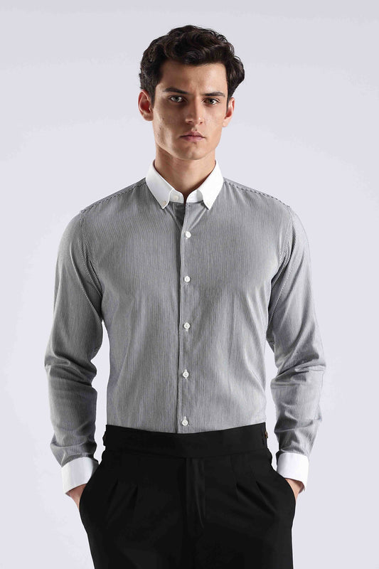 Drezola Grey Pinstripe White Contrast Collar Shirt for Men | Best Casual Shirt for Men