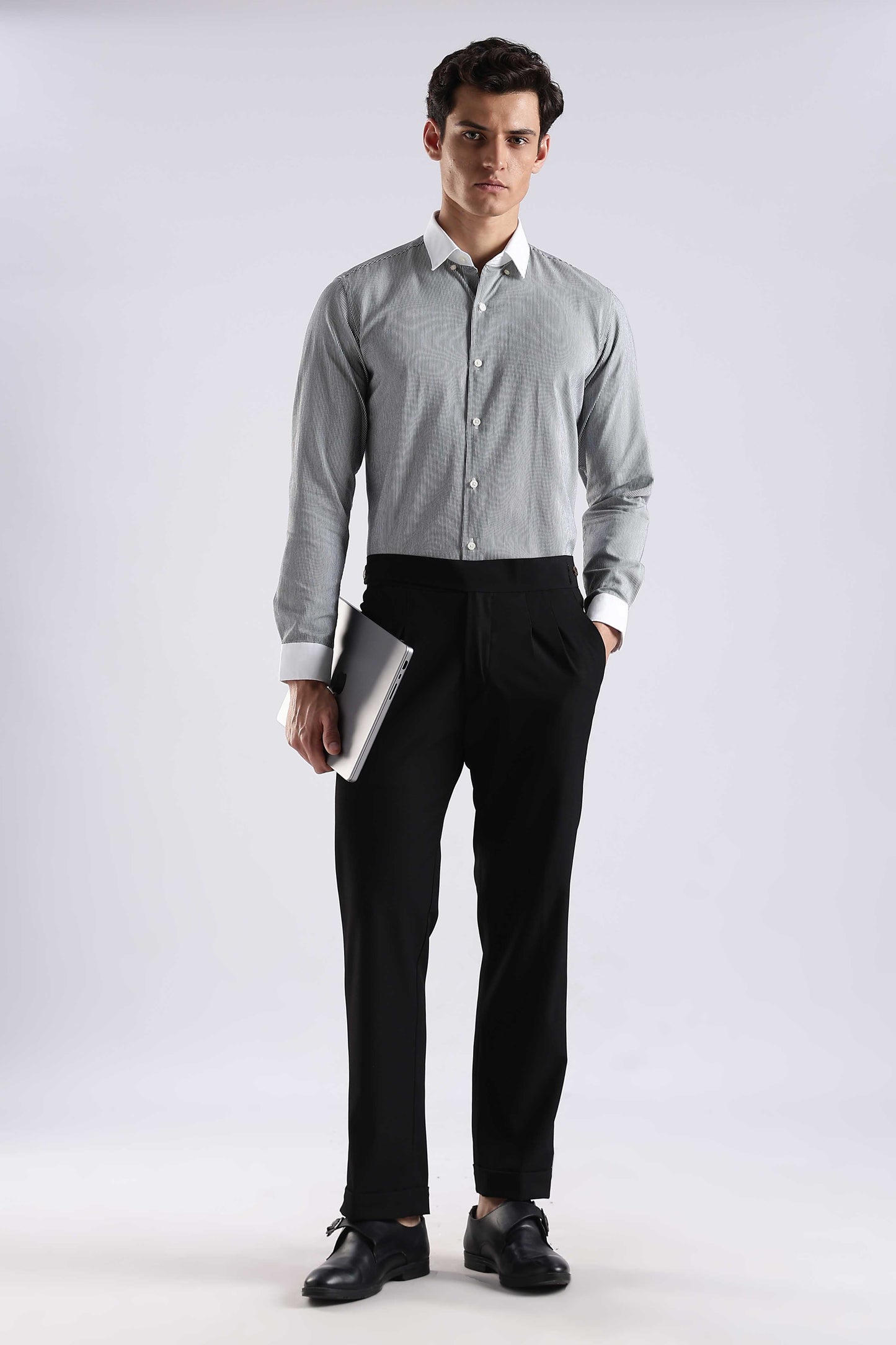 Drezola Grey Pinstripe White Contrast Collar Shirt for Men | Best Casual Shirt for Men