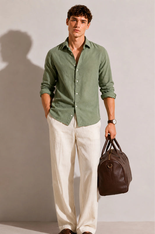 Drezola Sage Olive Green Linen Shirt for Men | Best Casual Shirt for Men