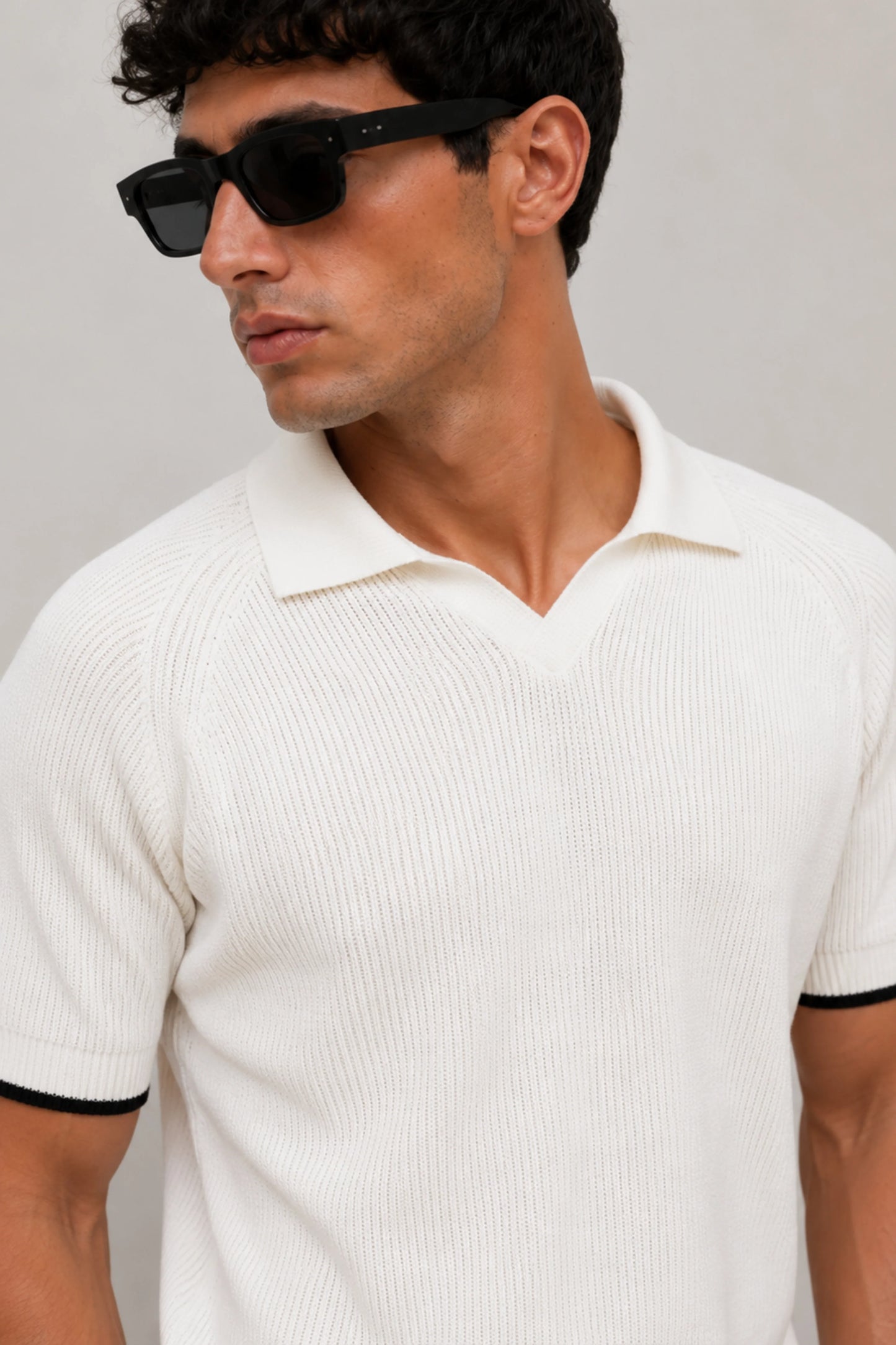 Drezola Premium White Knit Polo T-Shirt for Men | Textured Cotton Regular Fit