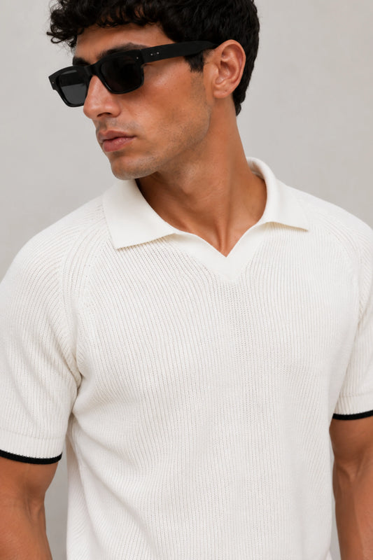 Drezola Ivory Ribbed Knit Open Collar Polo