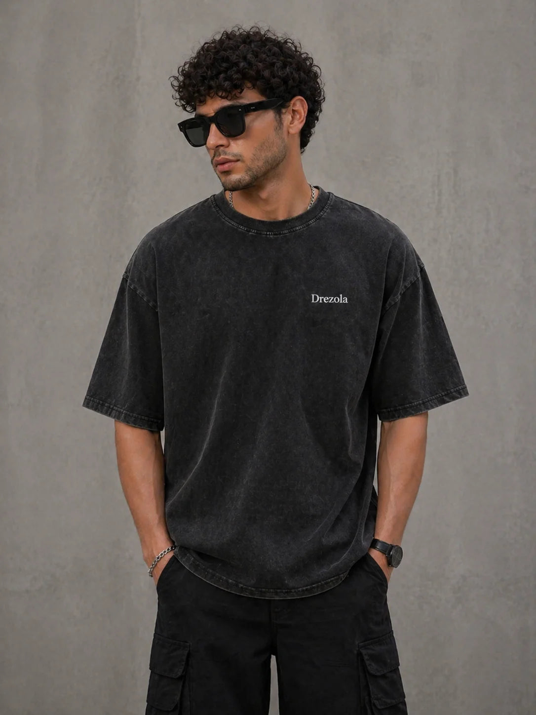 Men Oversized Grey Acid Wash T-Shirt | Drop Shoulder Graphic Printed T-Shirt for Men