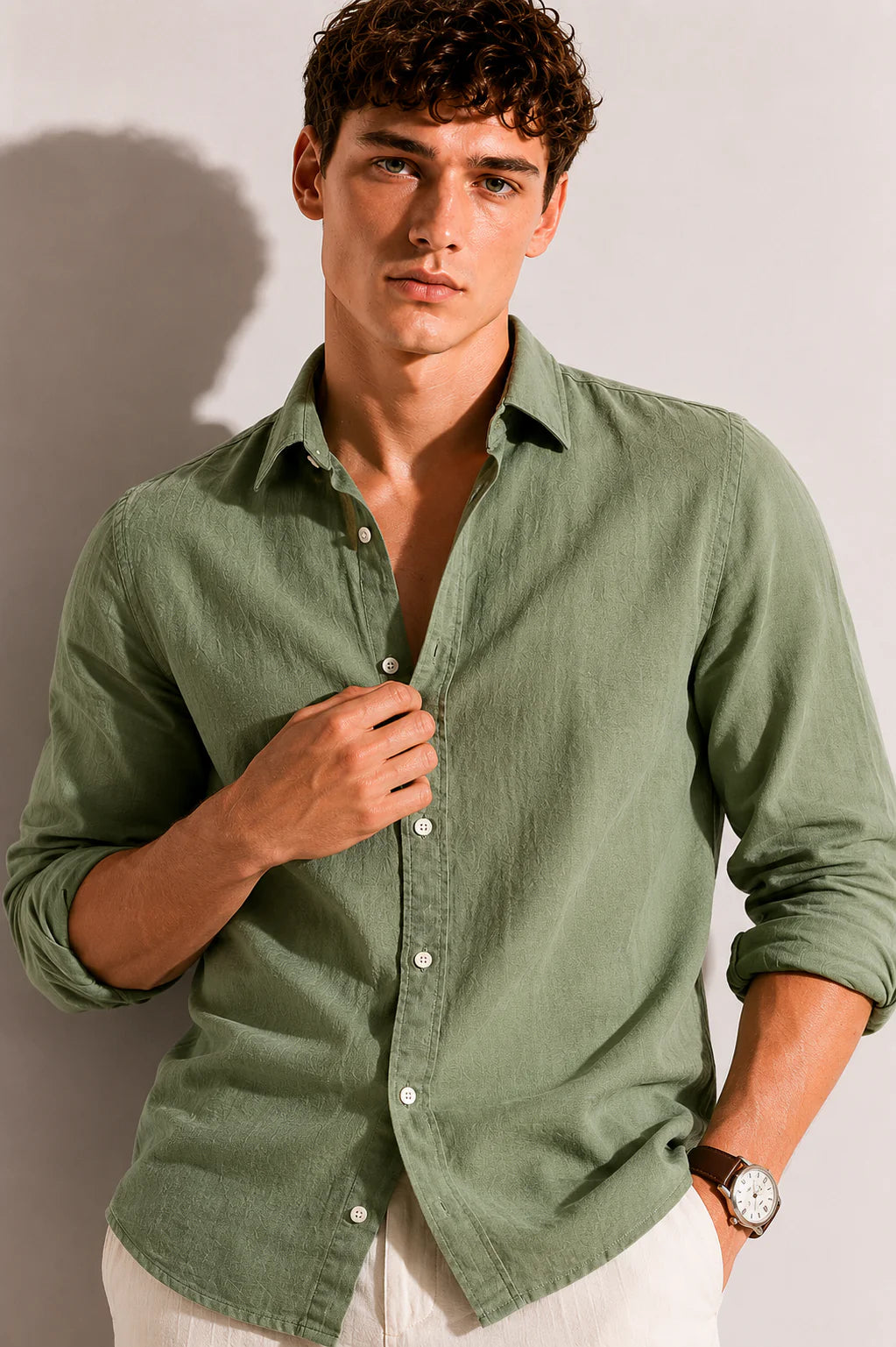 Drezola Sage Olive Green Linen Shirt for Men | Best Casual Shirt for Men