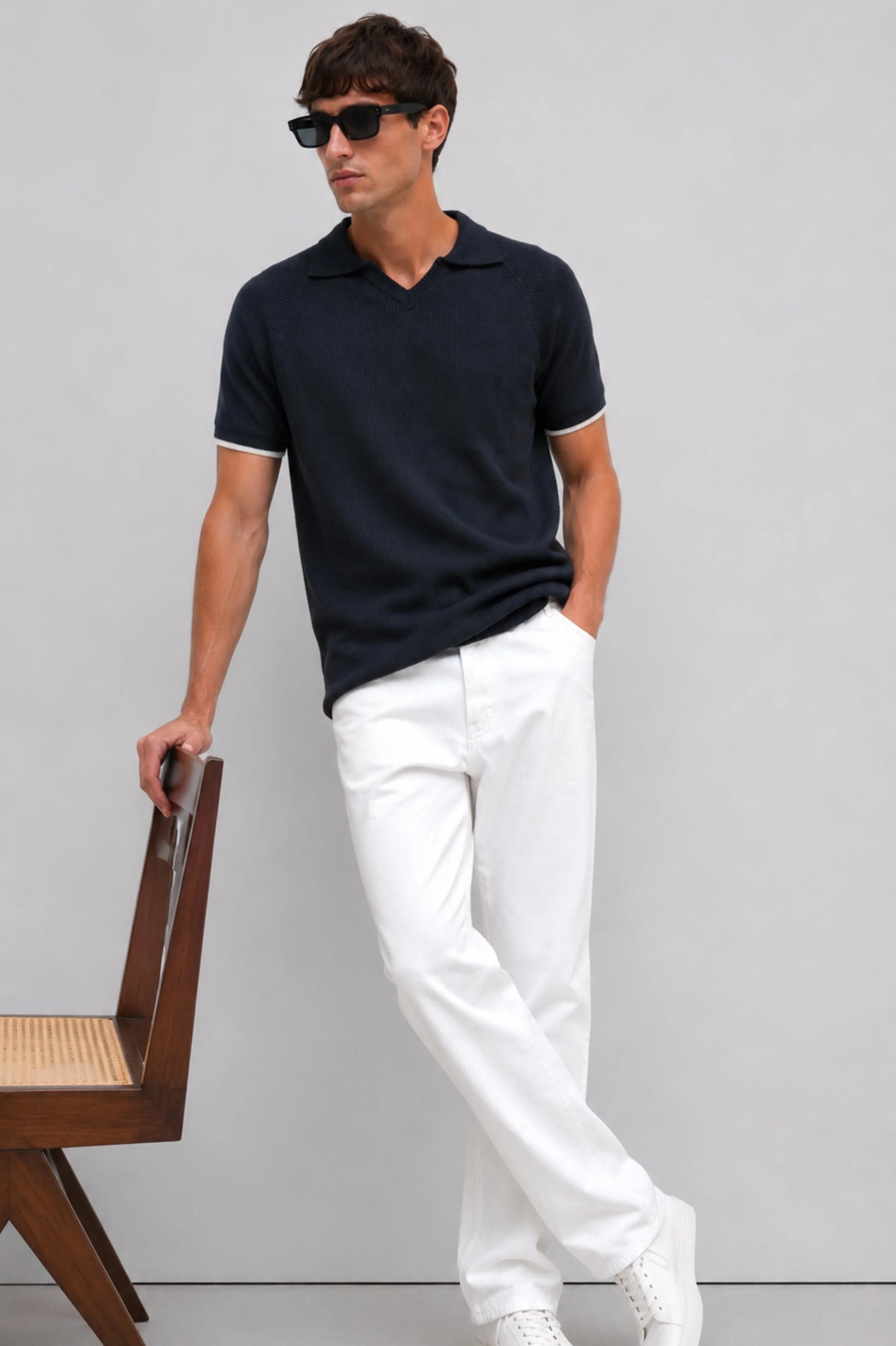 Drezola Navy Knit Open Collar Polo